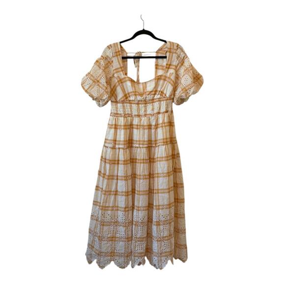Anthropologie Puff-Sleeve Plaid Eyelet Midi Dress Smocked Waist Yellow M NWOT - Picture 4 of 10